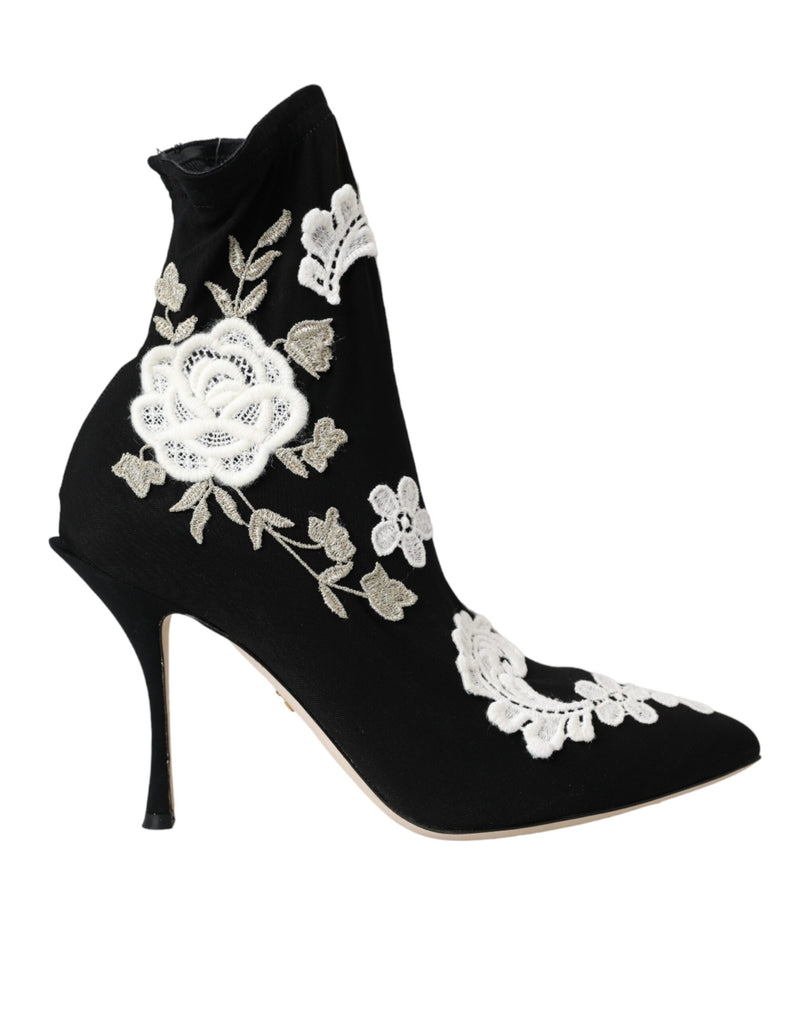 Black White Embroidery Slip On Boots Shoes-Dolce & Gabbana-LabelTerrace.com