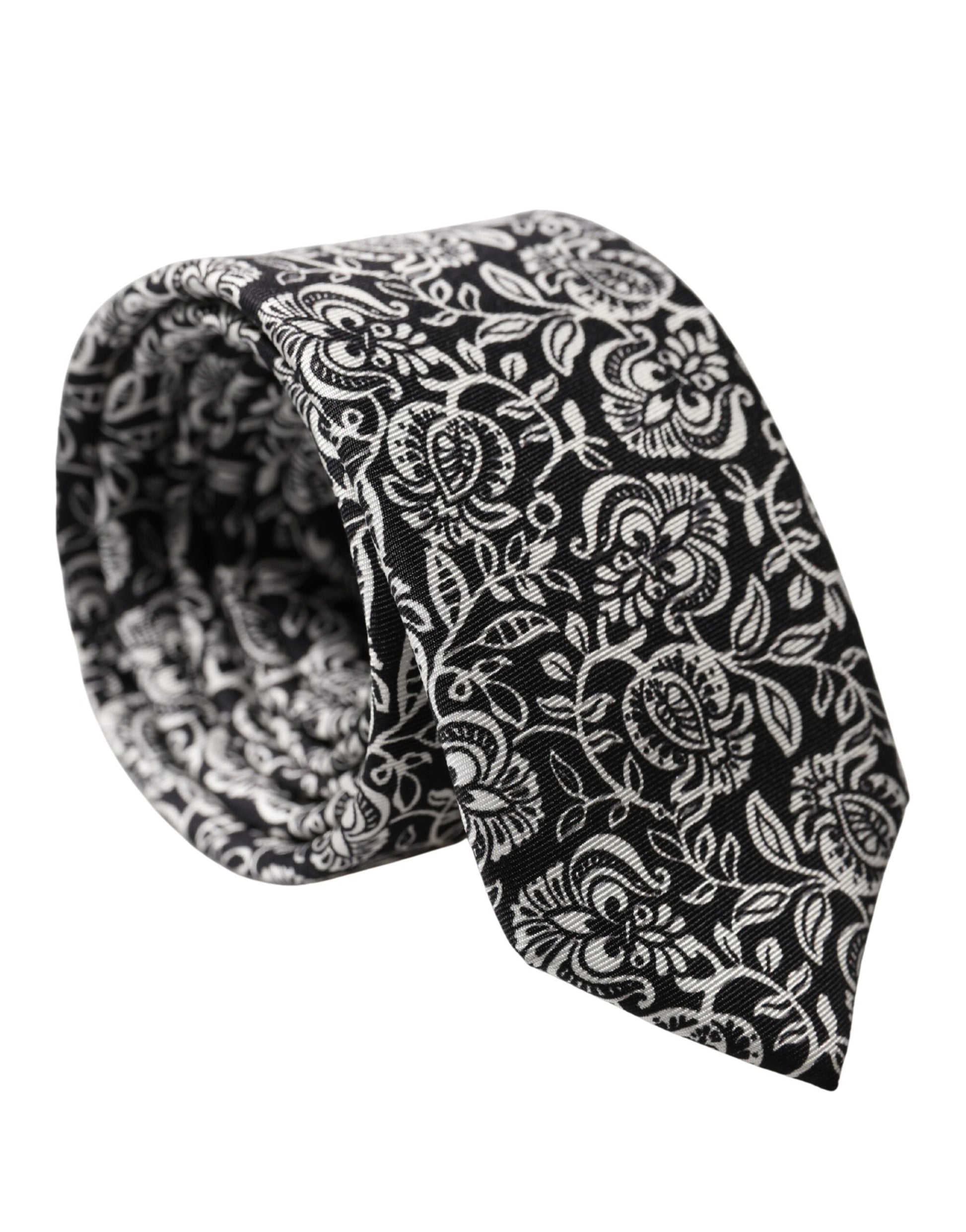 Black White Floral Fantasy Silk Adjustable Necktie Tie