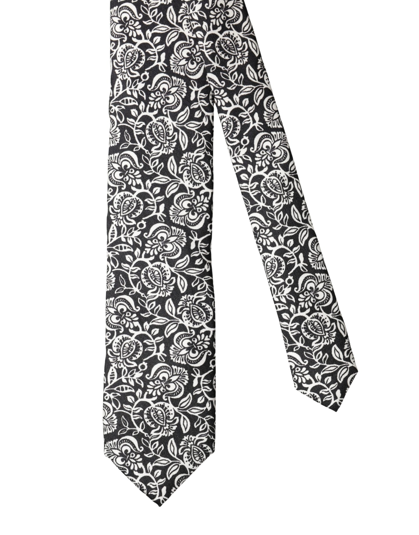 Black White Floral Fantasy Silk Adjustable Necktie Tie