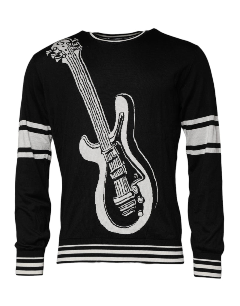 Black White Guitar Silk Crew Neck Sweater-Dolce & Gabbana-LabelTerrace.com