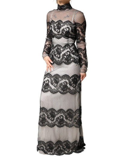 Black White Lace Silk Blend MaxiSheath Dress