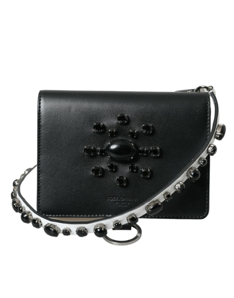 Black White Leather Crystal Embellished Cardholder Wallet-Dolce & Gabbana-LabelTerrace.com