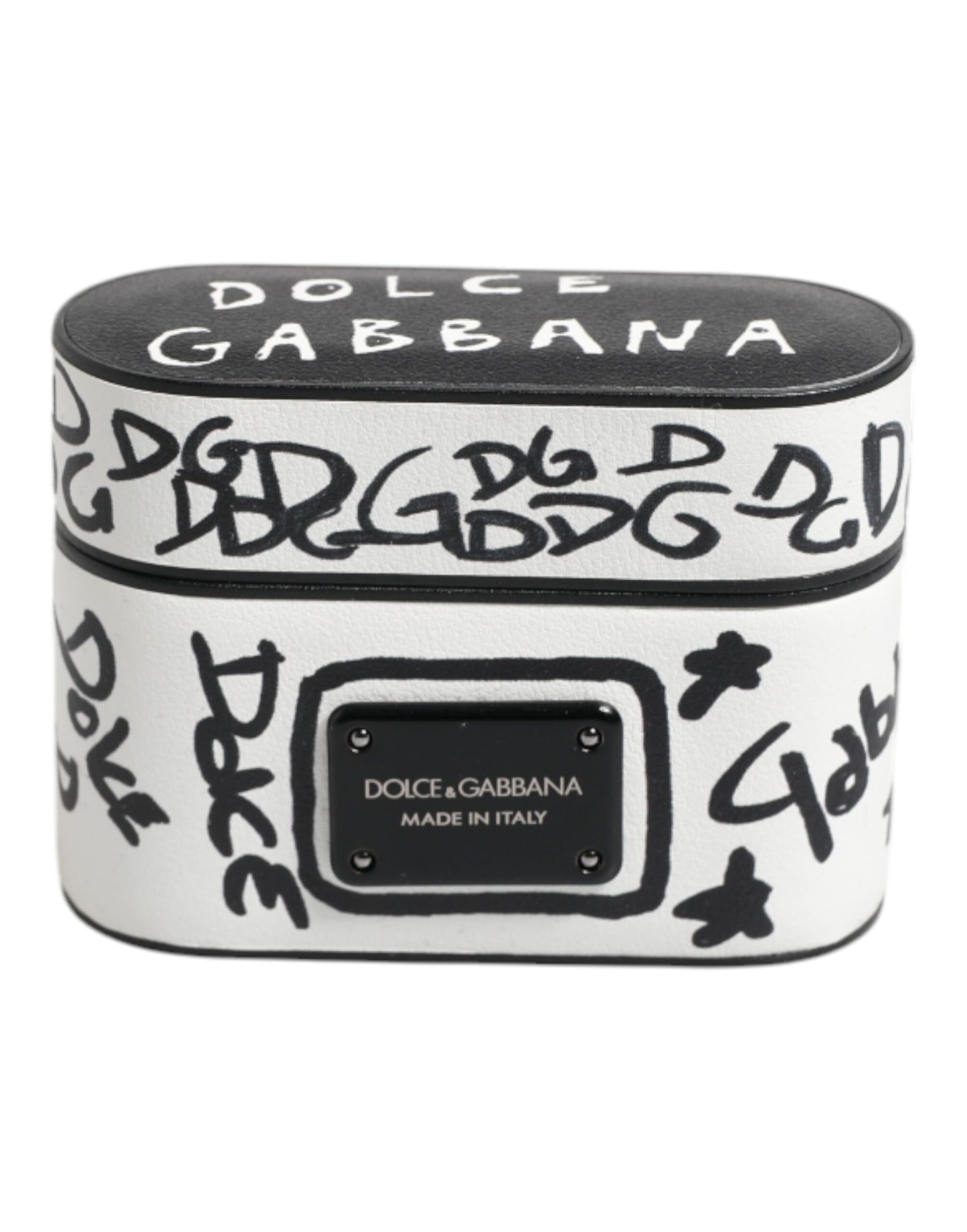 Black White Leather Scribble Embossed Logo Airpods Case-Dolce & Gabbana-LabelTerrace.com