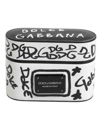 Black White Leather Scribble Embossed Logo Airpods Case-Dolce & Gabbana-LabelTerrace.com