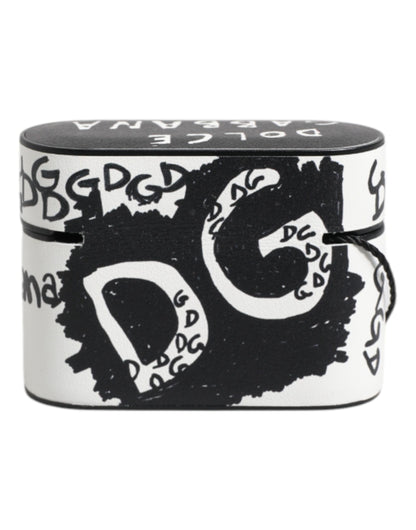 Black White Leather Scribble Embossed Logo Airpods Case-Dolce & Gabbana-LabelTerrace.com