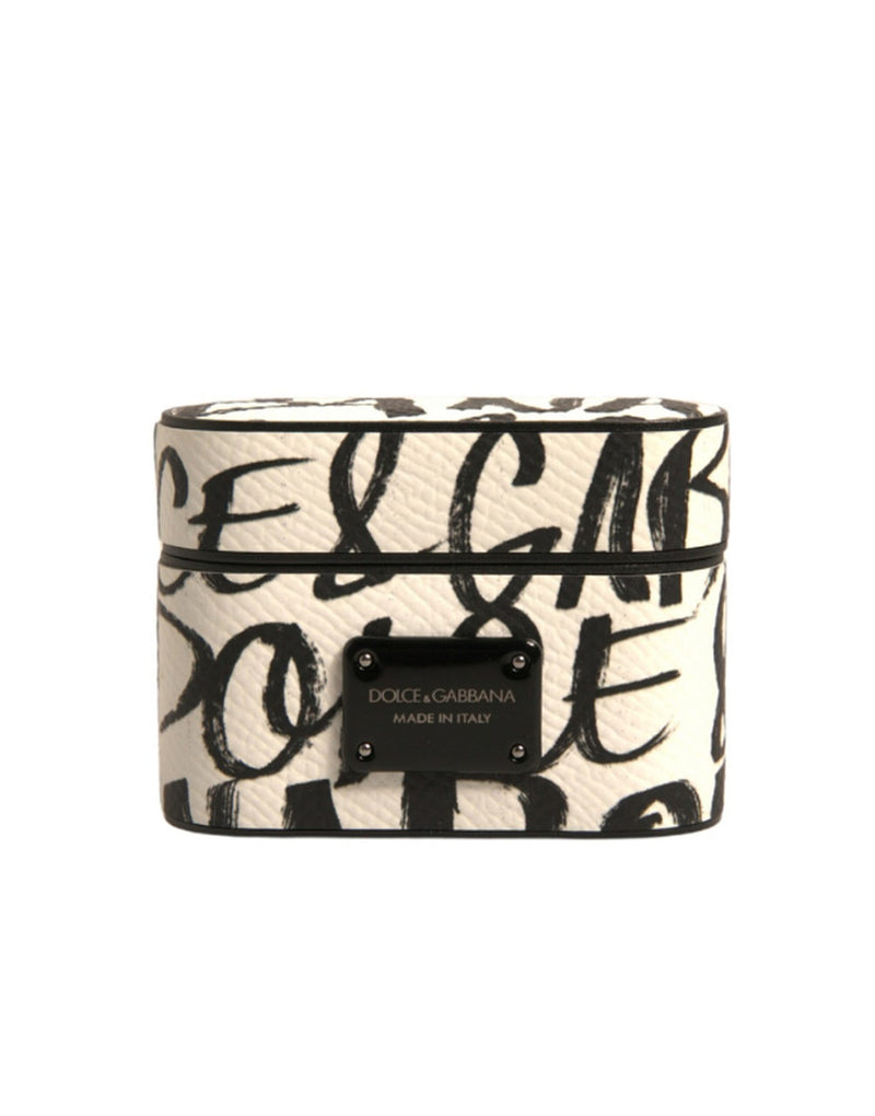 Black White Leather Scribble Embossed Logo Airpods Case-Dolce & Gabbana-LabelTerrace.com