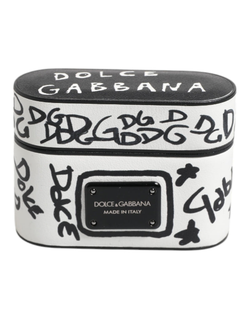 Black White Leather Scribble Embossed Logo Airpods Case-Dolce & Gabbana-LabelTerrace.com