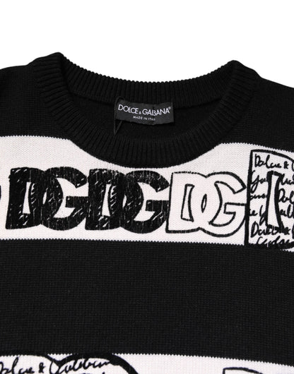 Black White Logo Print Wool Pullover Sweater