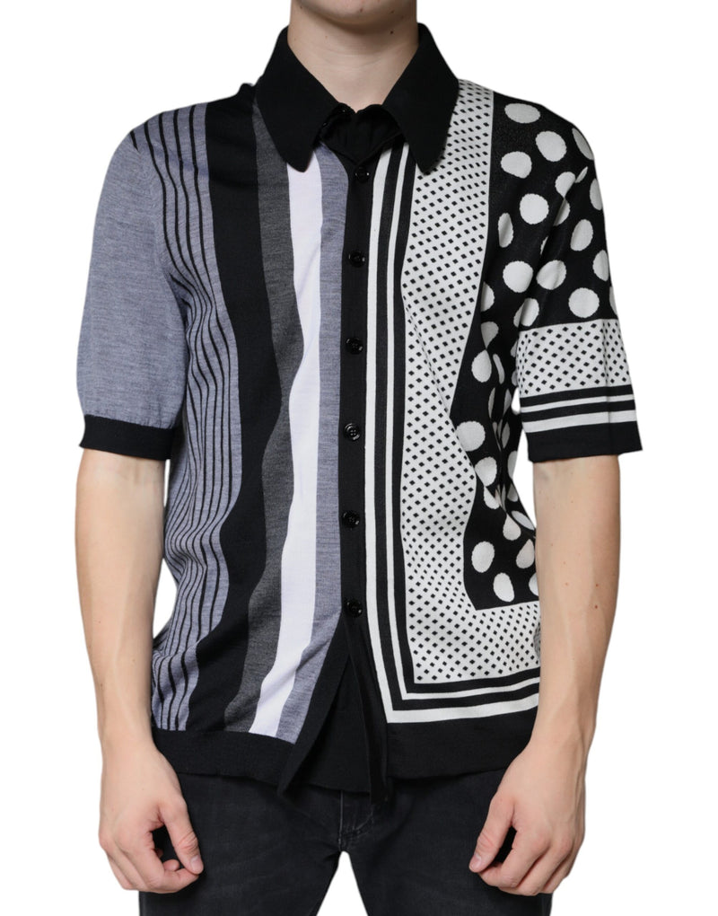 Black White Polka Dot Collared Polo T-shirt-Dolce & Gabbana-LabelTerrace.com