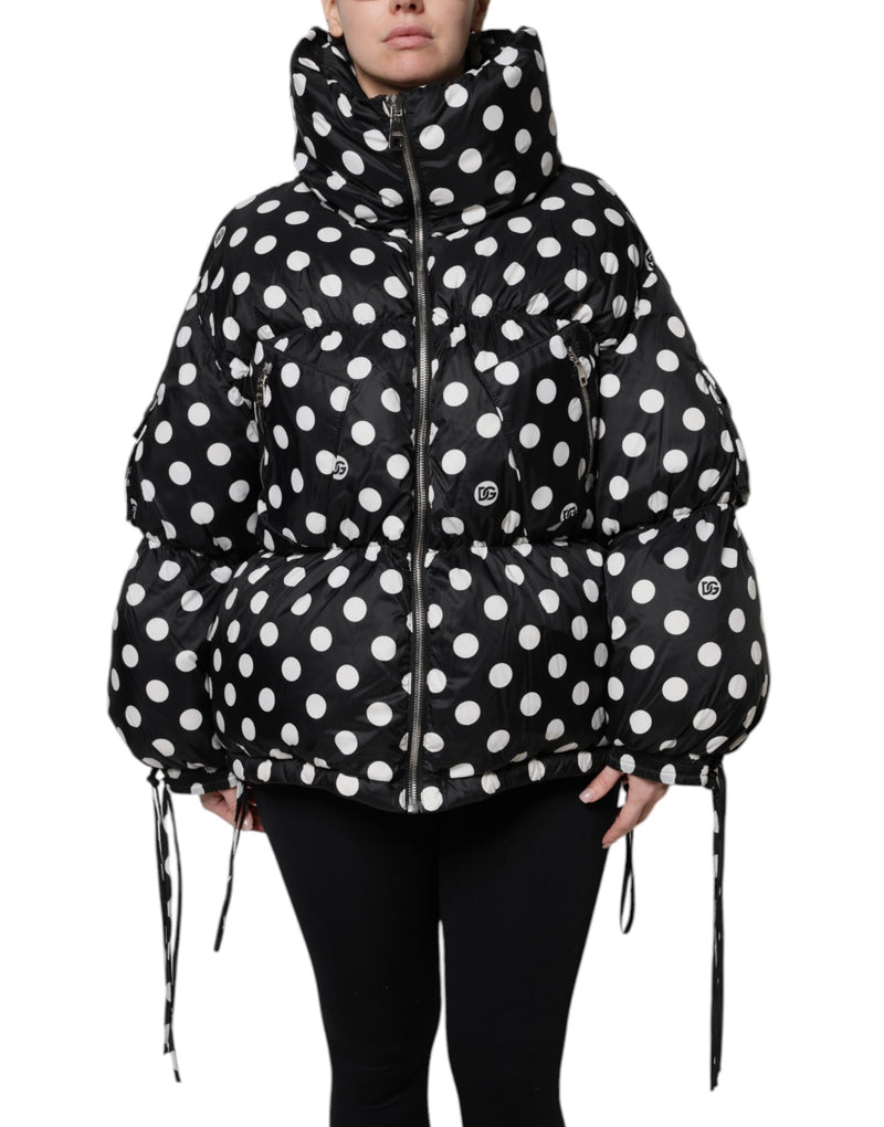 Black White Polka Dot Full Zip Puffer Jacket-Dolce & Gabbana-LabelTerrace.com