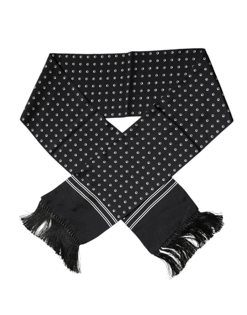 Black White Polka Dotted Silk Skinny Fringes Scarf-Dolce & Gabbana-LabelTerrace.com