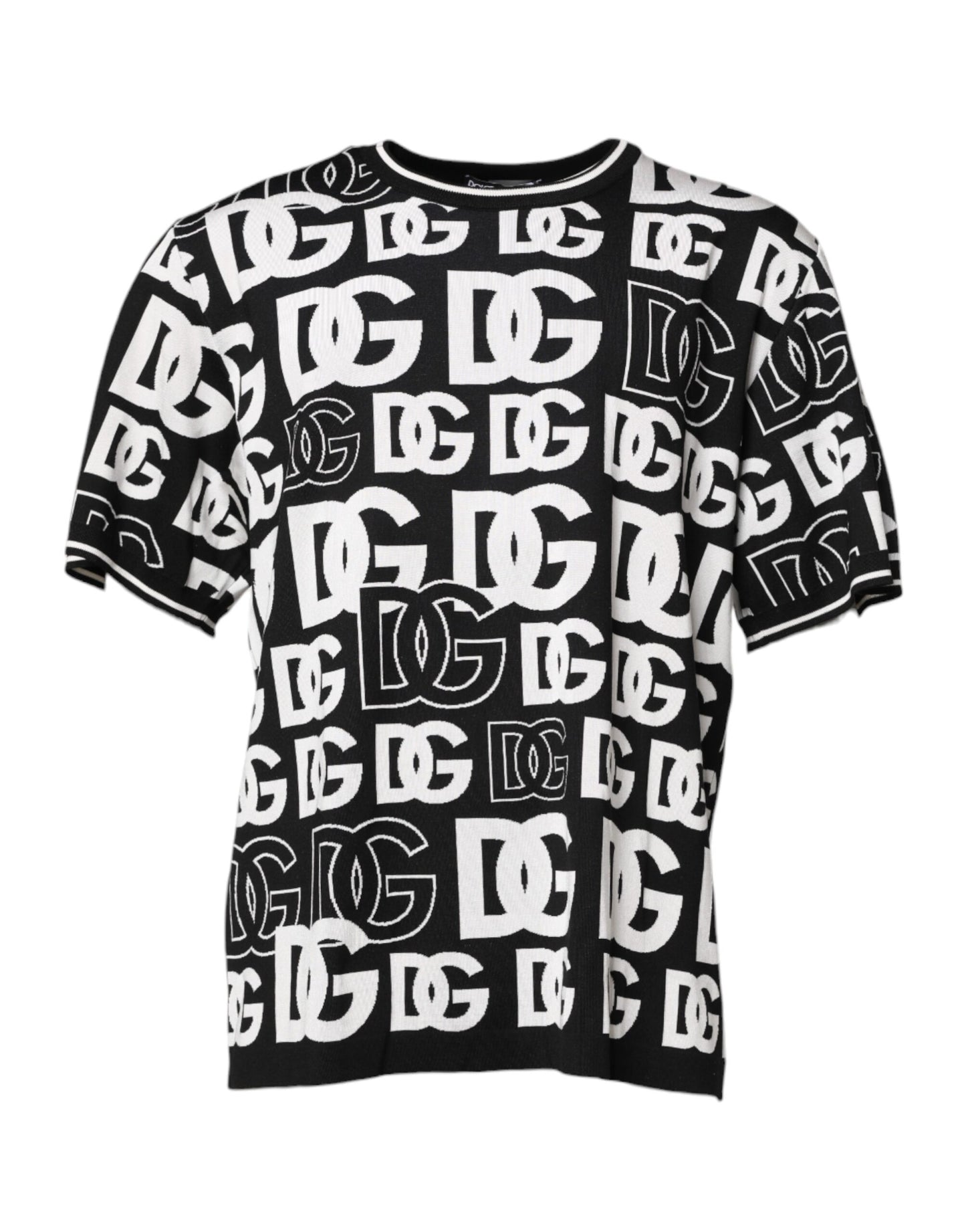 Black White Silk Knit DG Print T-shirt-Dolce & Gabbana-LabelTerrace.com