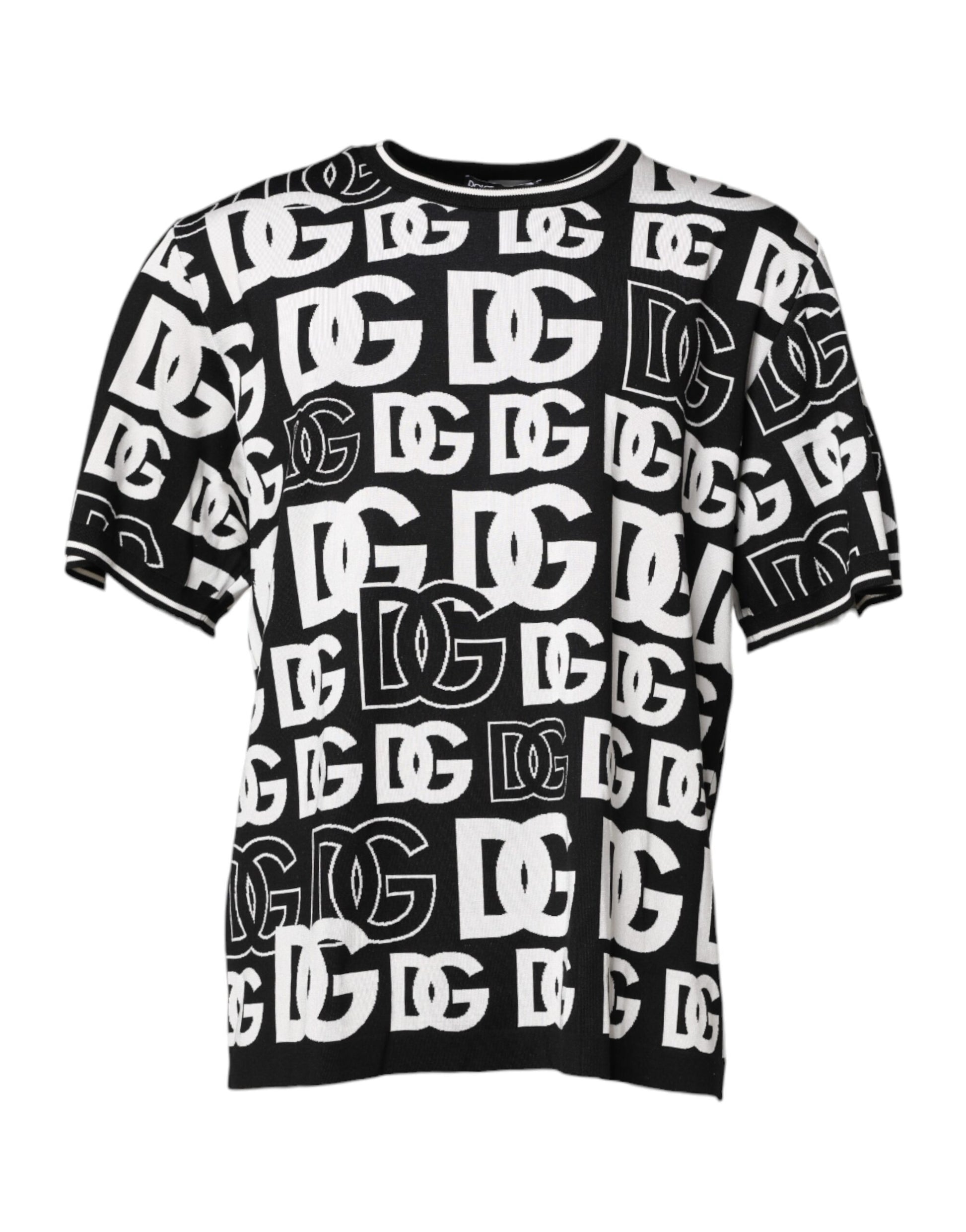 Black White Silk Knit DG Print T-shirt-Dolce & Gabbana-LabelTerrace.com