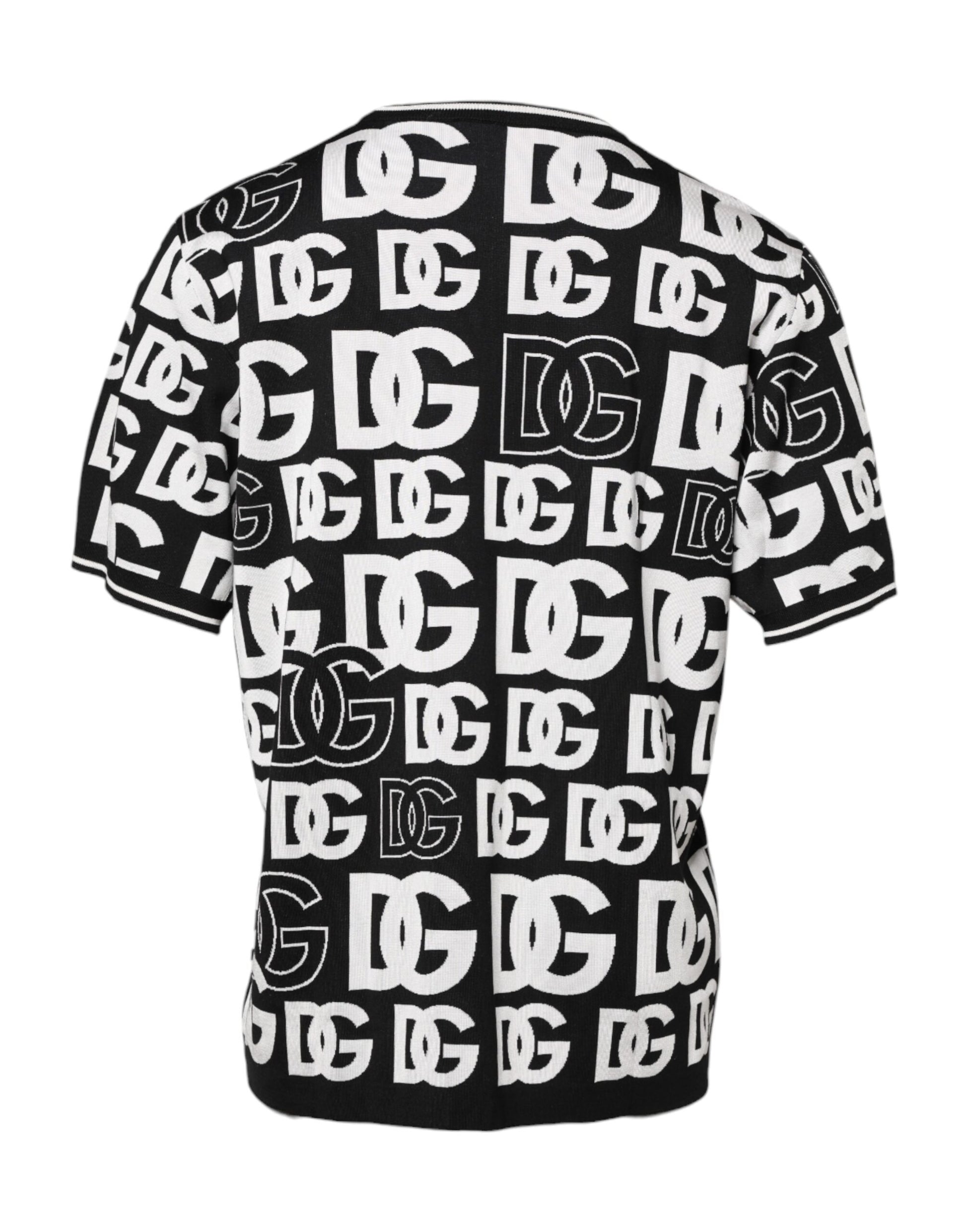 Black White Silk Knit DG Print T-shirt-Dolce & Gabbana-LabelTerrace.com