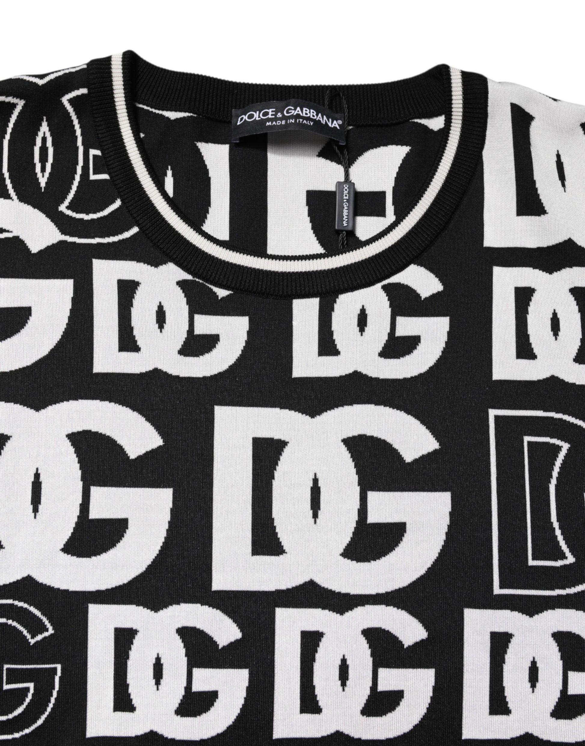 Black White Silk Knit DG Print T-shirt-Dolce & Gabbana-LabelTerrace.com