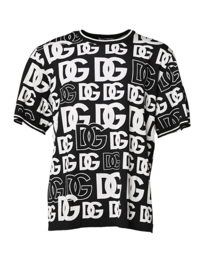 Black White Silk Knit DG Print T-shirt-Dolce & Gabbana-LabelTerrace.com