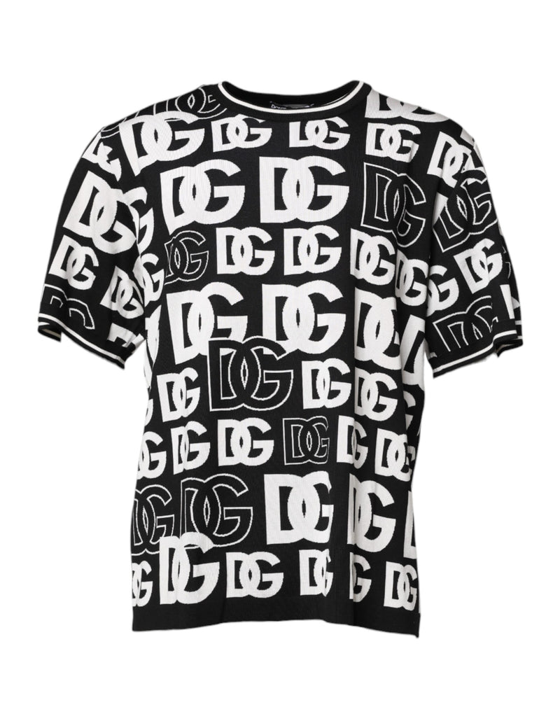Black White Silk Knit DG Print T-shirt-Dolce & Gabbana-LabelTerrace.com