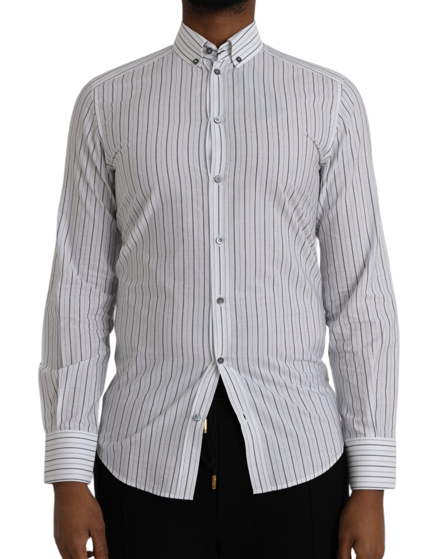 Black White Striped Formal Dress GOLD Shirt-Dolce & Gabbana-LabelTerrace.com