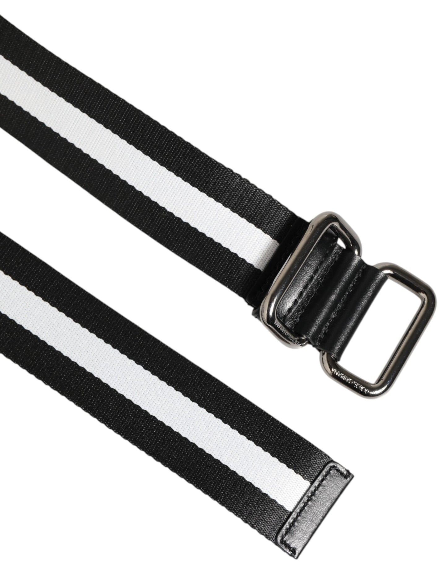 Black White Striped Logo Metal Buckle Belt