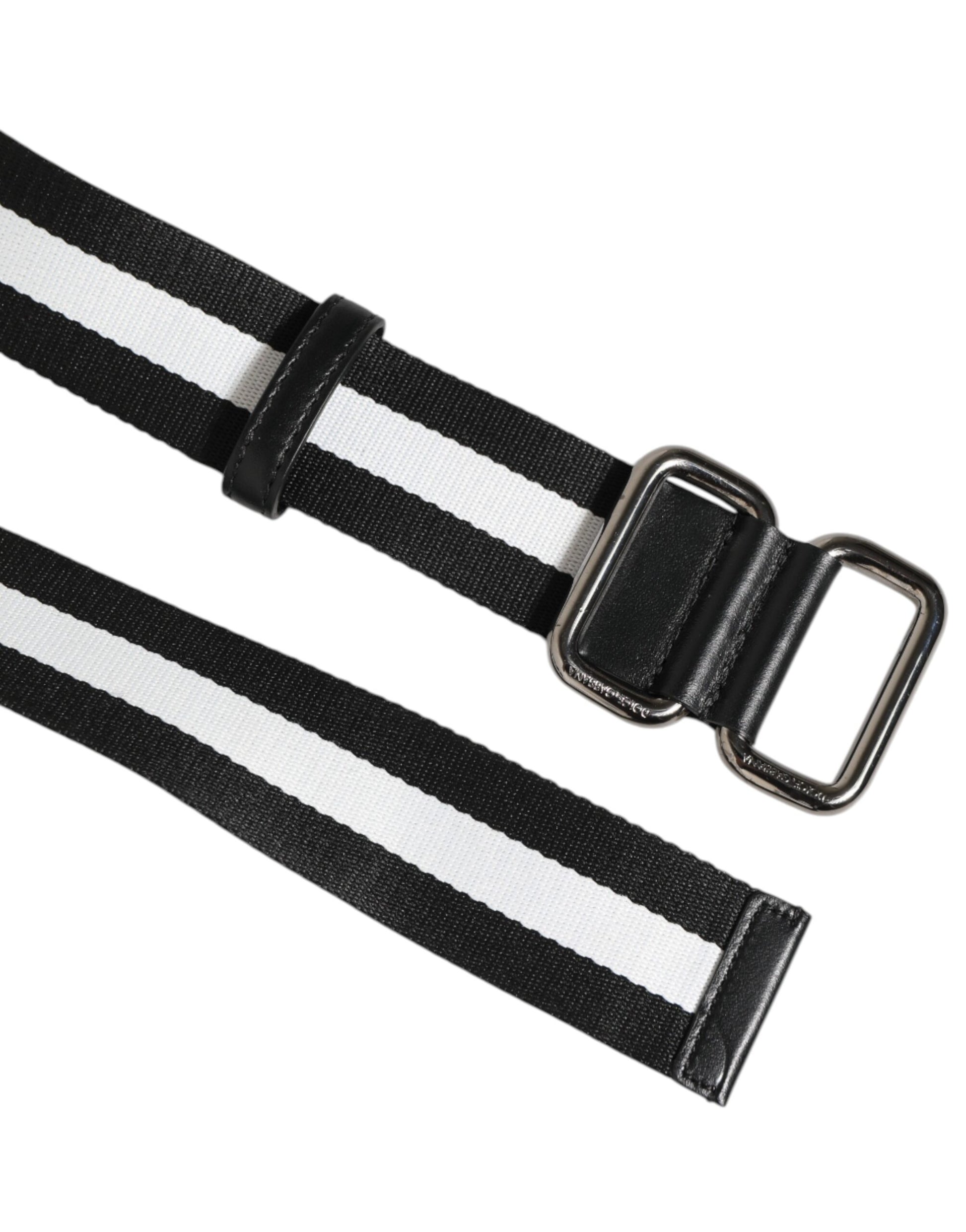 Black White Striped Logo Metal Buckle Belt