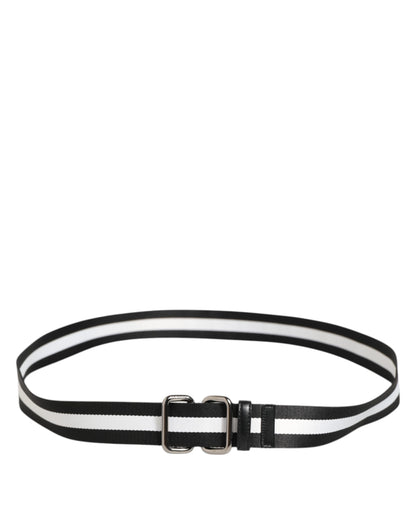 Black White Striped Logo Metal Buckle Belt