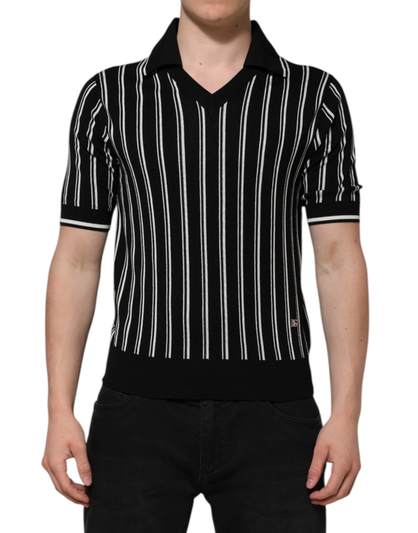 Black White Stripes Collared Polo T-shirt-Dolce & Gabbana-LabelTerrace.com