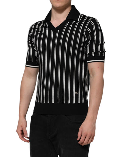 Black White Stripes Collared Polo T-shirt-Dolce & Gabbana-LabelTerrace.com