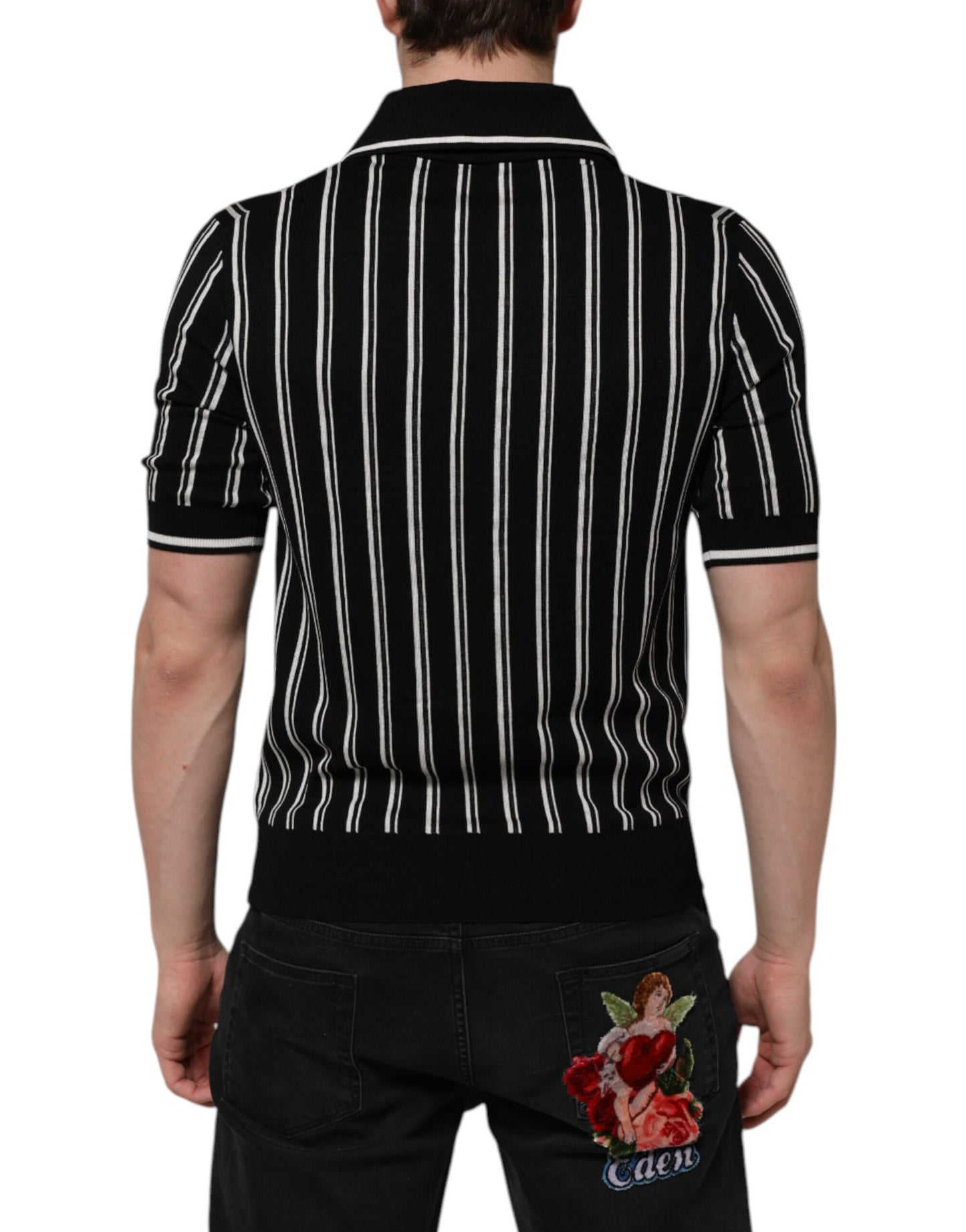 Black White Stripes Collared Polo T-shirt-Dolce & Gabbana-LabelTerrace.com