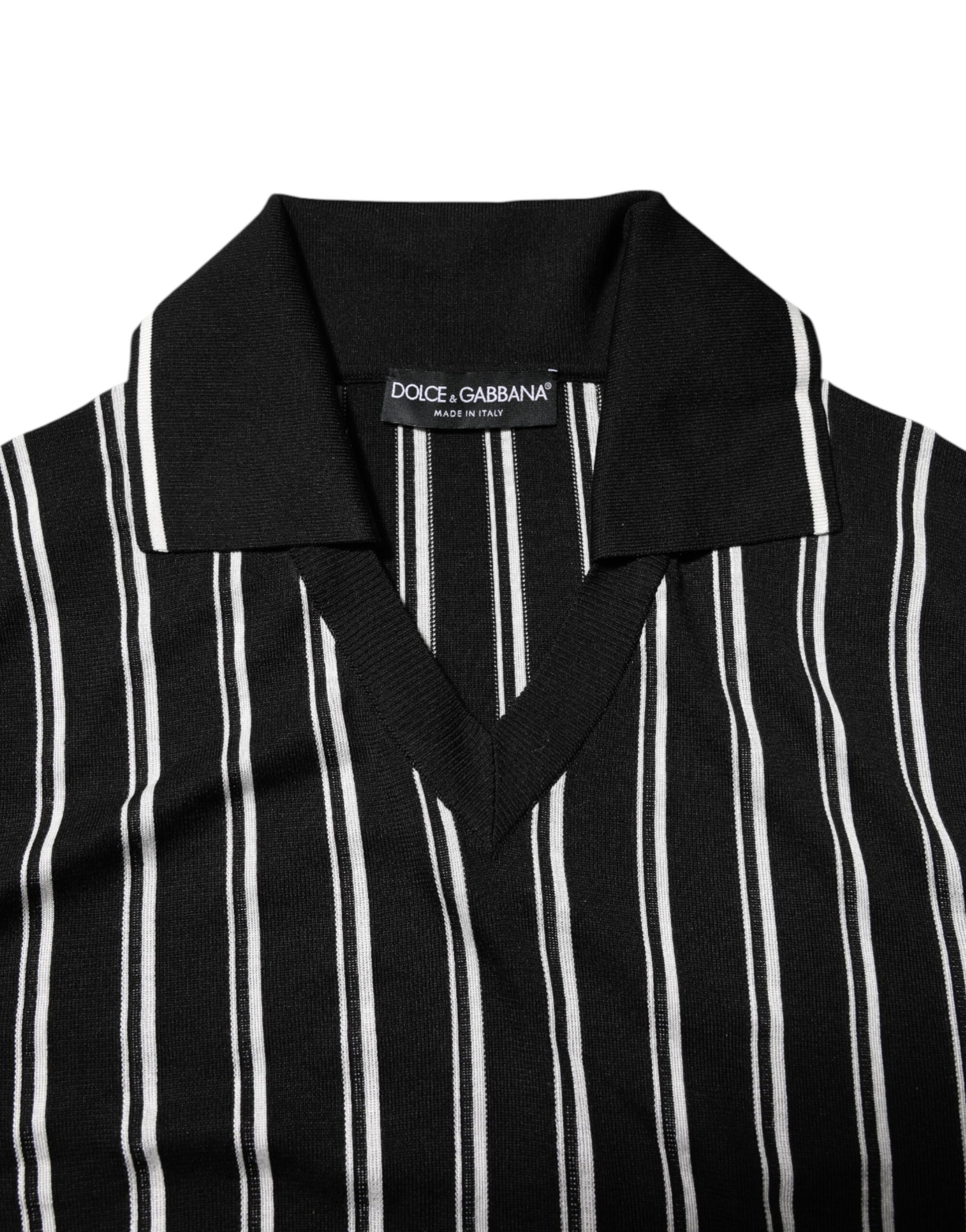 Black White Stripes Collared Polo T-shirt-Dolce & Gabbana-LabelTerrace.com