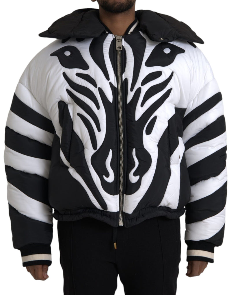Black White Stripes Hooded Puffer Jacket-Dolce & Gabbana-LabelTerrace.com