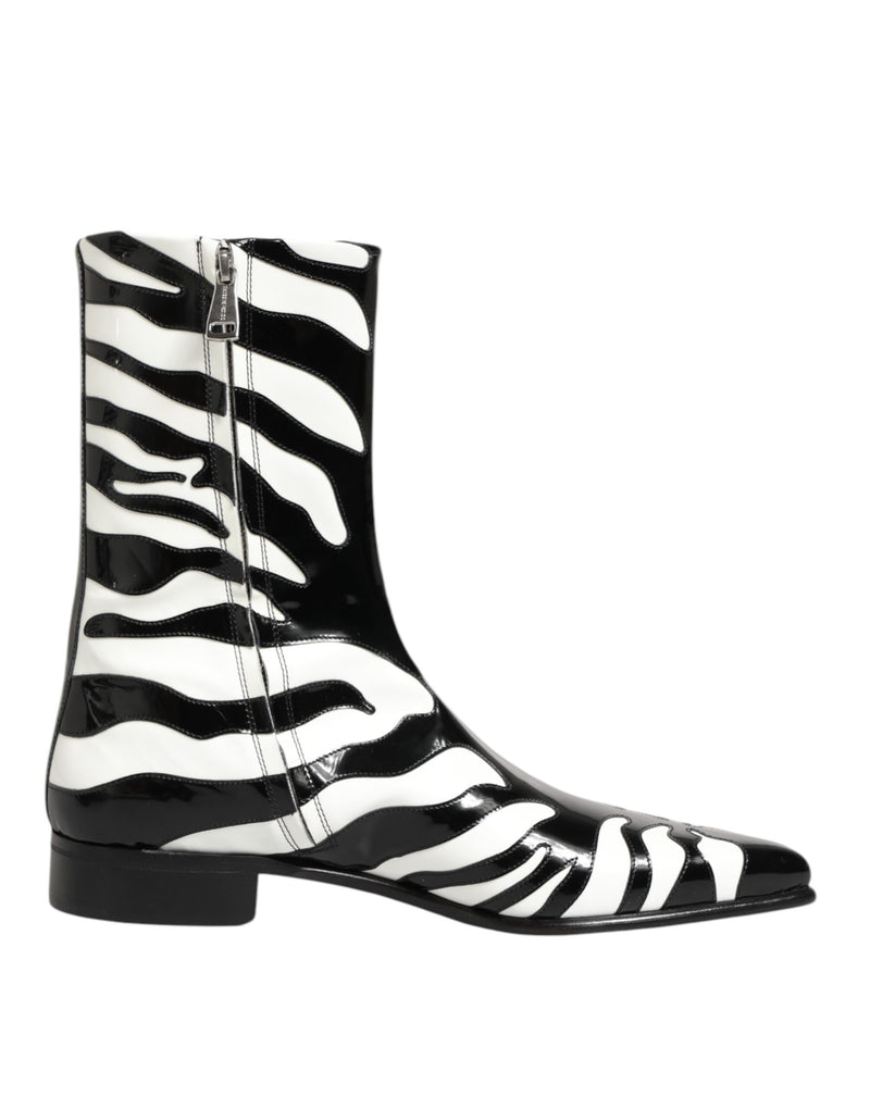 Black White Zebra Leather Mid Calf Boots Shoes