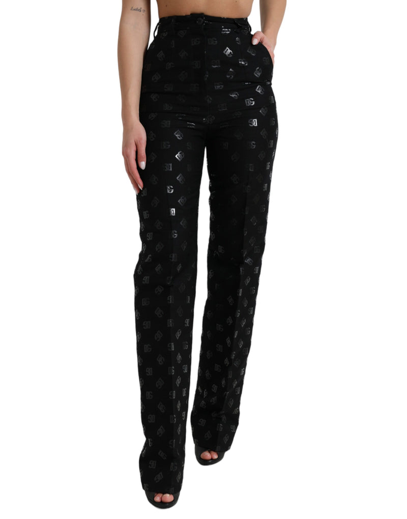 Black Wool DG Logo High Waist Straight Pants-Dolce & Gabbana-LabelTerrace.com