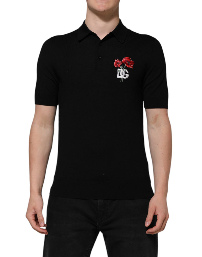 Black Wool DG Logo Rose Collared Polo T-shirt-Dolce & Gabbana-LabelTerrace.com