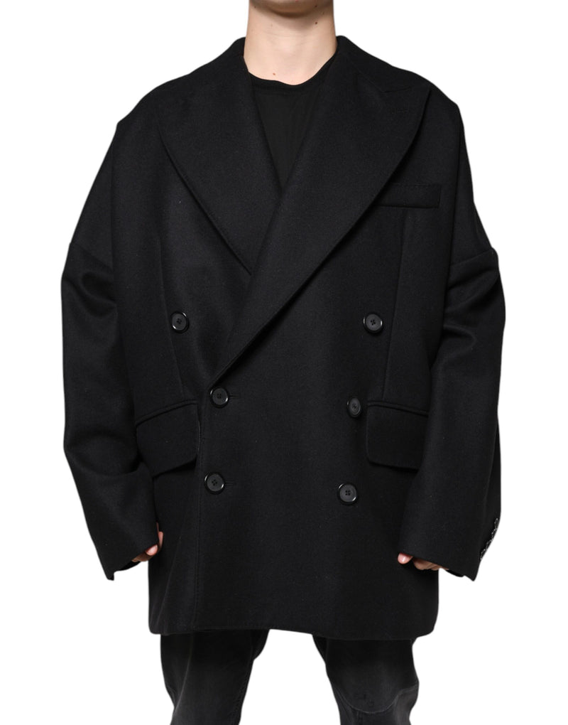 Black Wool Double Breasted Men Coat Jacket-Dolce & Gabbana-LabelTerrace.com