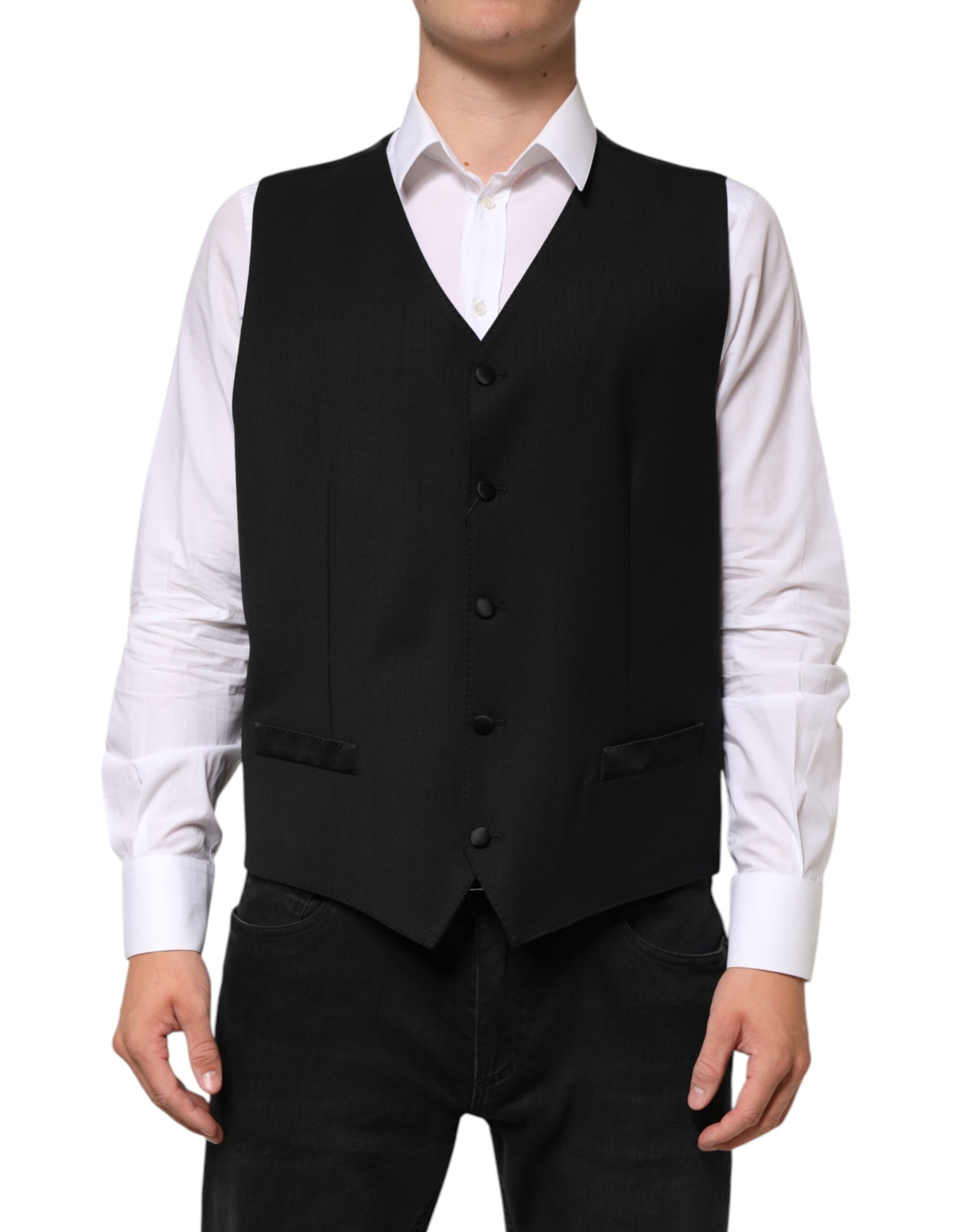 Black Wool Dress Formal Men Waistcoat Vest-Dolce & Gabbana-LabelTerrace.com