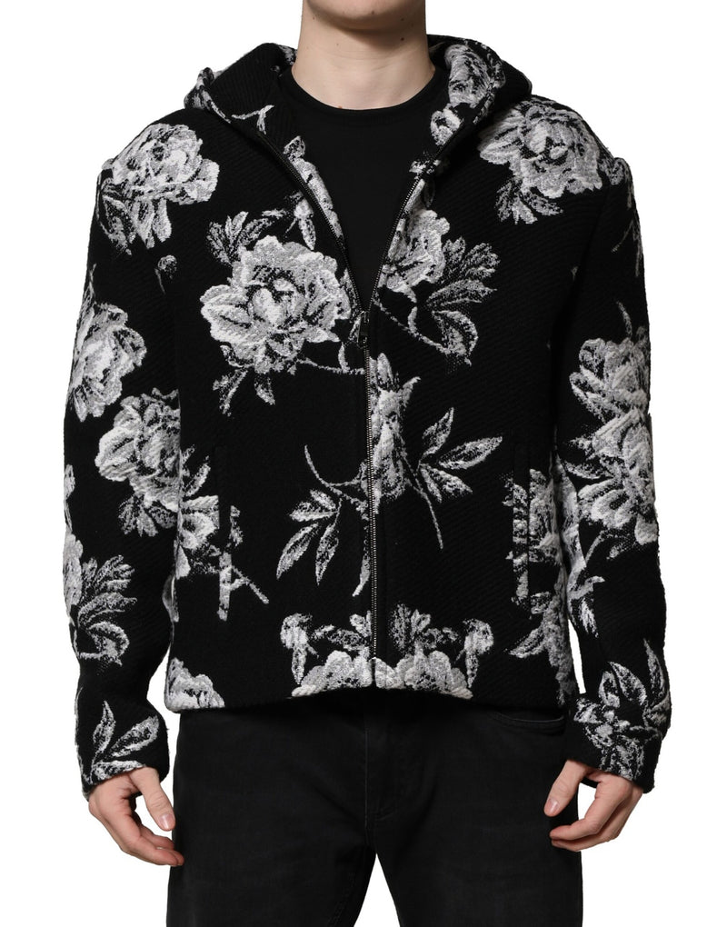 Black Wool Floral Printed Men Hooded Jacket-Dolce & Gabbana-LabelTerrace.com