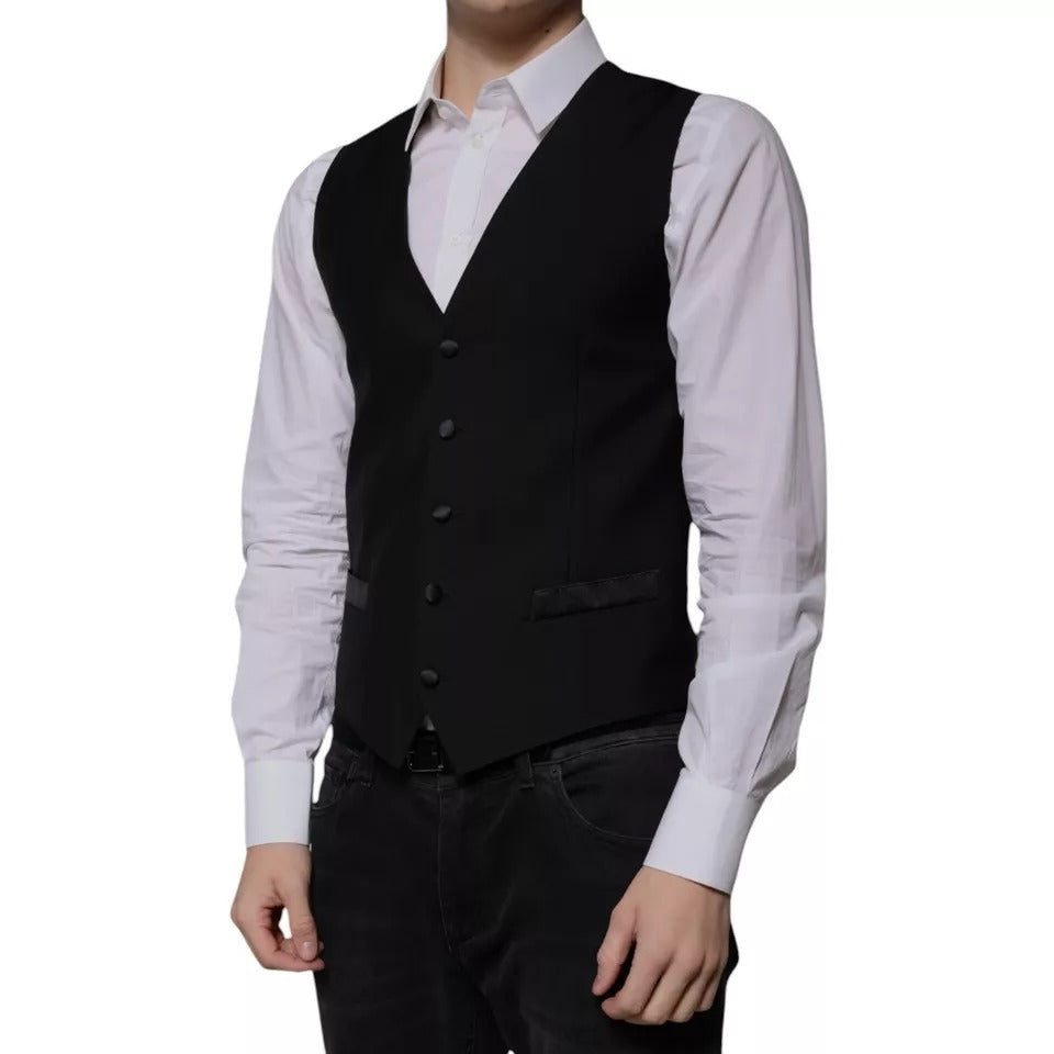 Black Wool Formal Dress Men Waistcoat Vest-Dolce & Gabbana-LabelTerrace.com