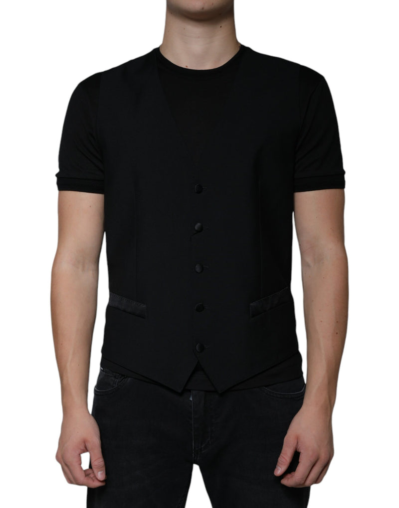 Black Wool Formal Dress Men Waistcoat Vest-Dolce & Gabbana-LabelTerrace.com