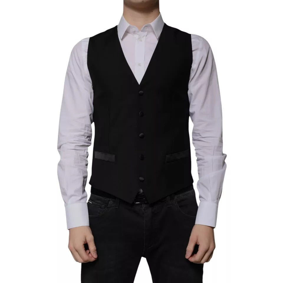 Black Wool Formal Dress Men Waistcoat Vest-Dolce & Gabbana-LabelTerrace.com