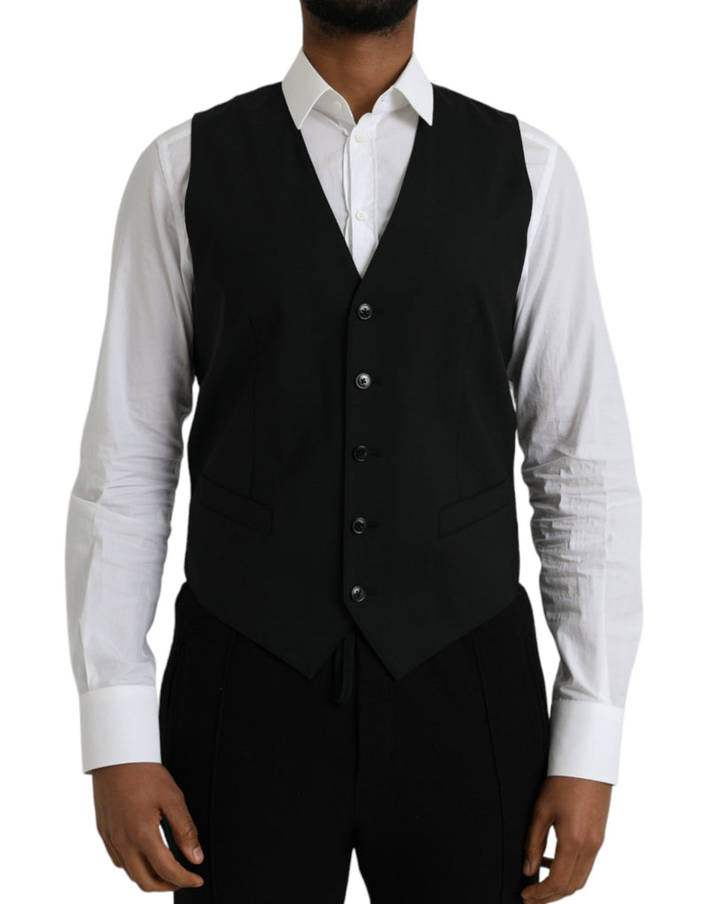 Black Wool Formal Dress Waistcoat Vest-Dolce & Gabbana-LabelTerrace.com