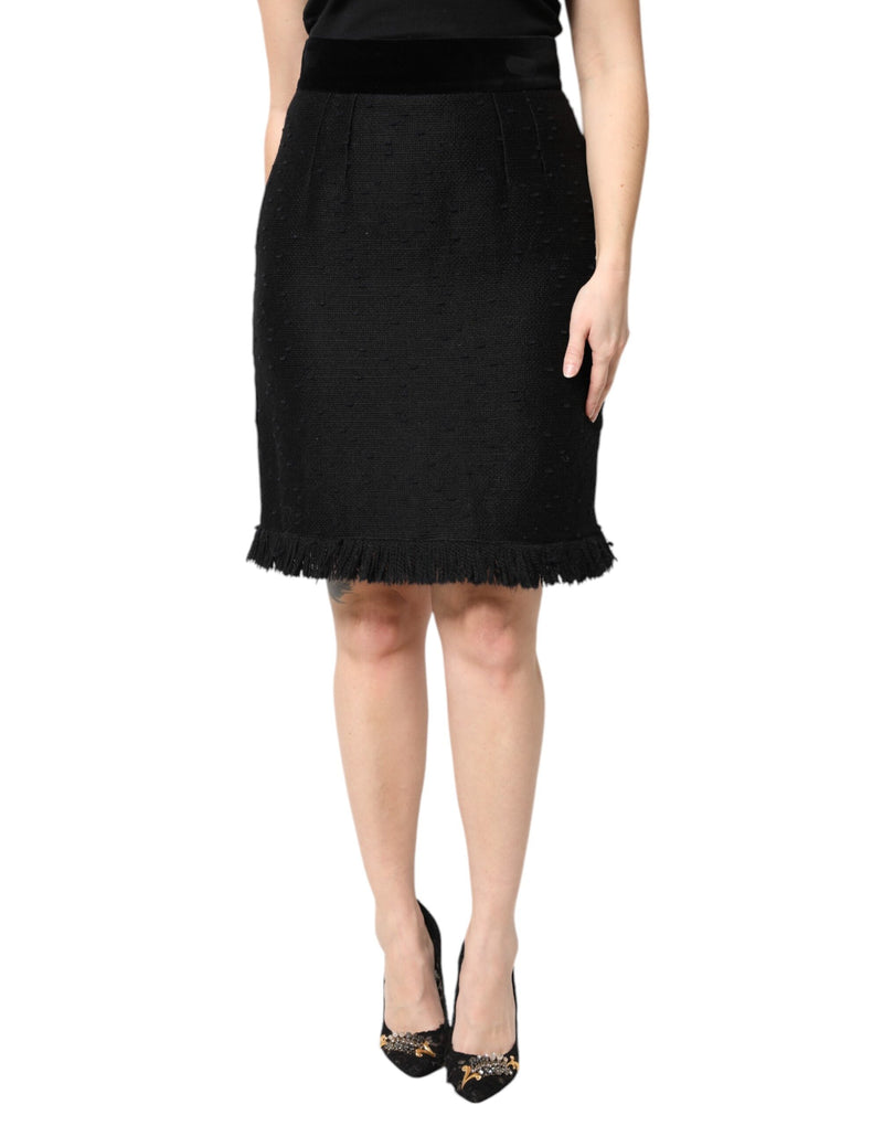 Black Wool Fringe High Waist Pencil Mini Skirt-Dolce & Gabbana-LabelTerrace.com