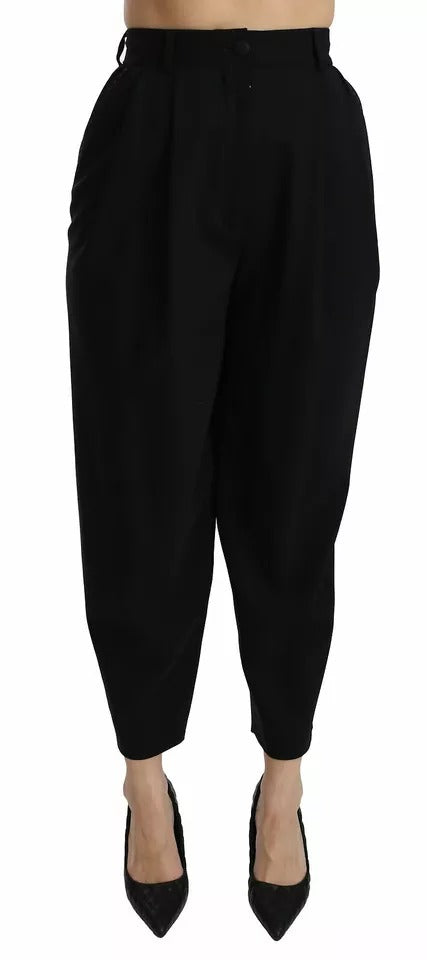 Black Wool High Waist Pleat Front Cropped Pants-Dolce & Gabbana-LabelTerrace.com
