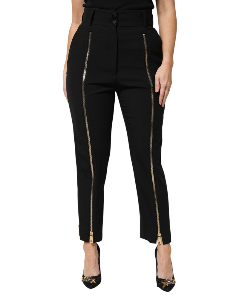 Black Wool High Waist Zipper Tapered Pants-Dolce & Gabbana-LabelTerrace.com