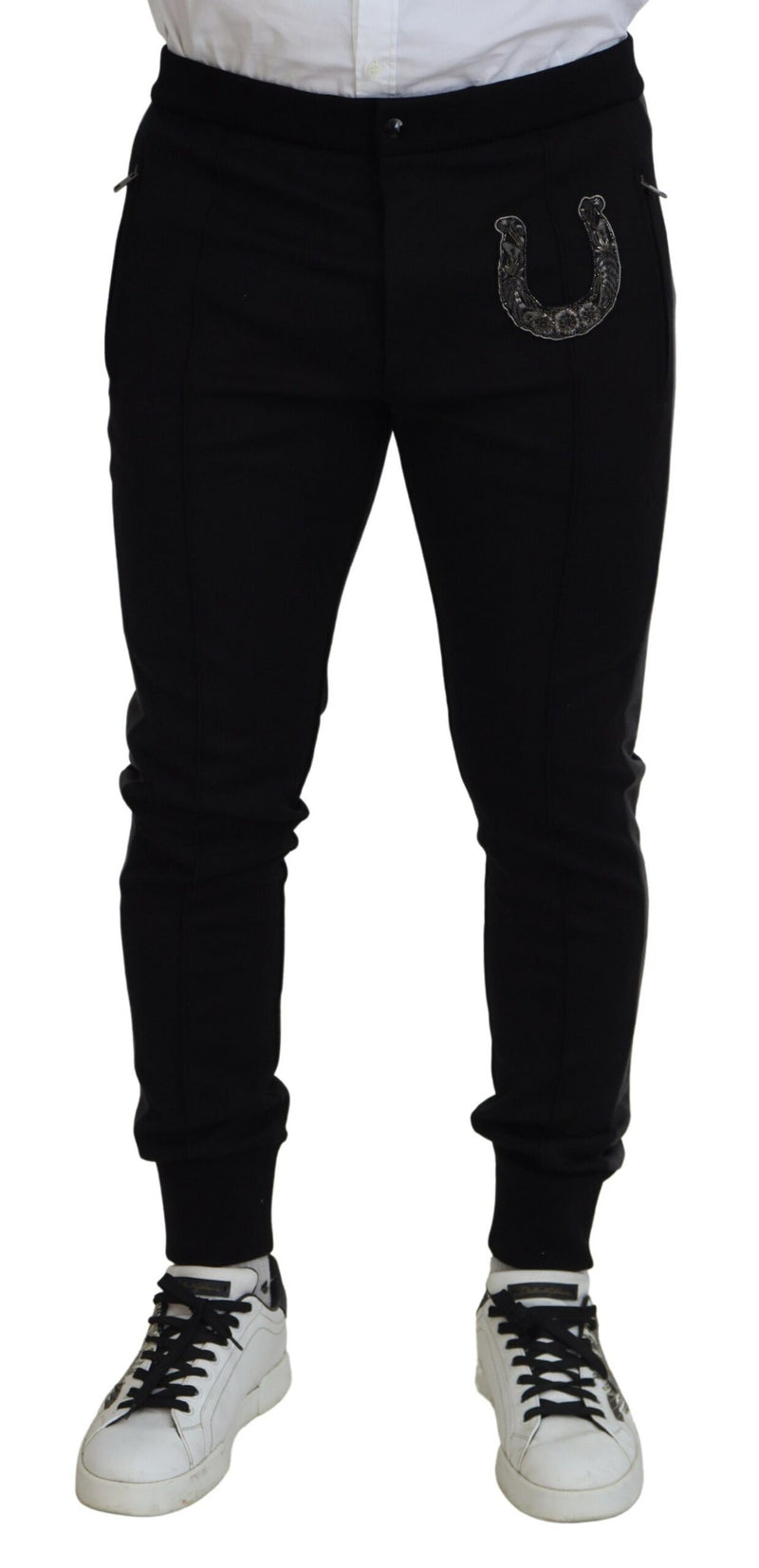 Black Wool Horseshoe Jogger Pants-Dolce & Gabbana-LabelTerrace.com