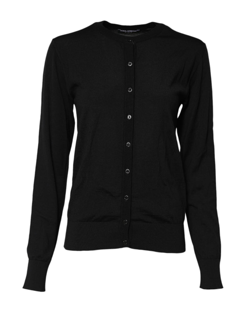 Black Wool Knit Round Neck Cardigan Sweater-Dolce & Gabbana-LabelTerrace.com
