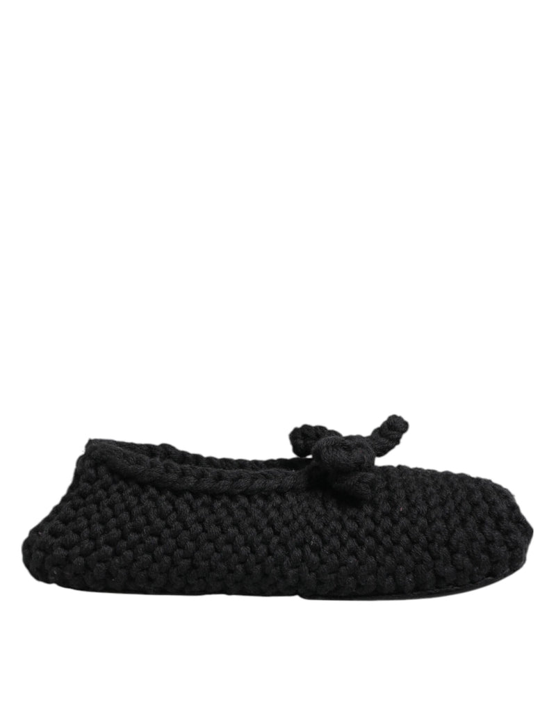 Black Wool Knit Slip On Ballerina Flats Shoes-Dolce & Gabbana-LabelTerrace.com
