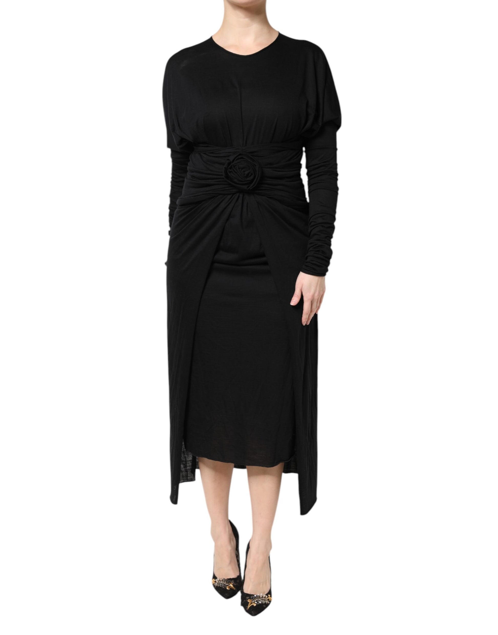 Black Wool Long Sleeves Sheath Midi Dress-Dolce & Gabbana-LabelTerrace.com