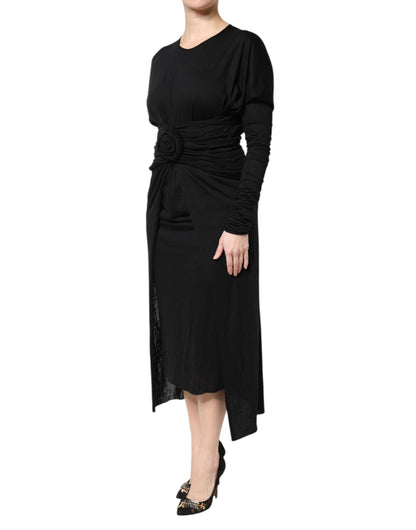 Black Wool Long Sleeves Sheath Midi Dress-Dolce & Gabbana-LabelTerrace.com