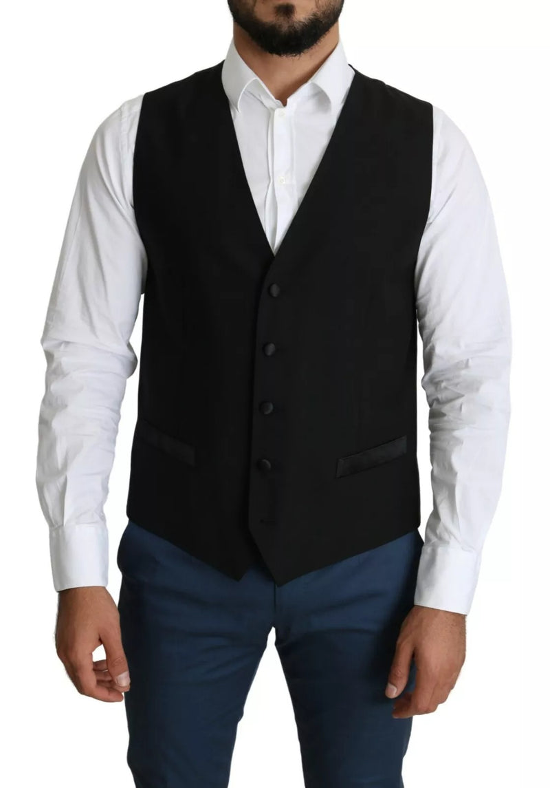 Black Wool Men Formal Waistcoat Vest-Dolce & Gabbana-LabelTerrace.com