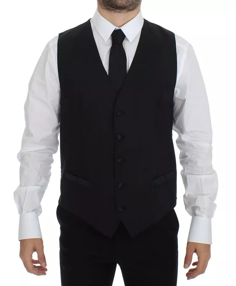 Black Wool Silk Dress Gilet Jacket Vest-Dolce & Gabbana-LabelTerrace.com